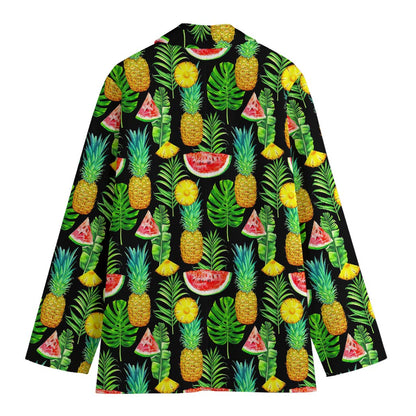 Black Tropical Pineapple Pattern Print Women's Cotton Blazer