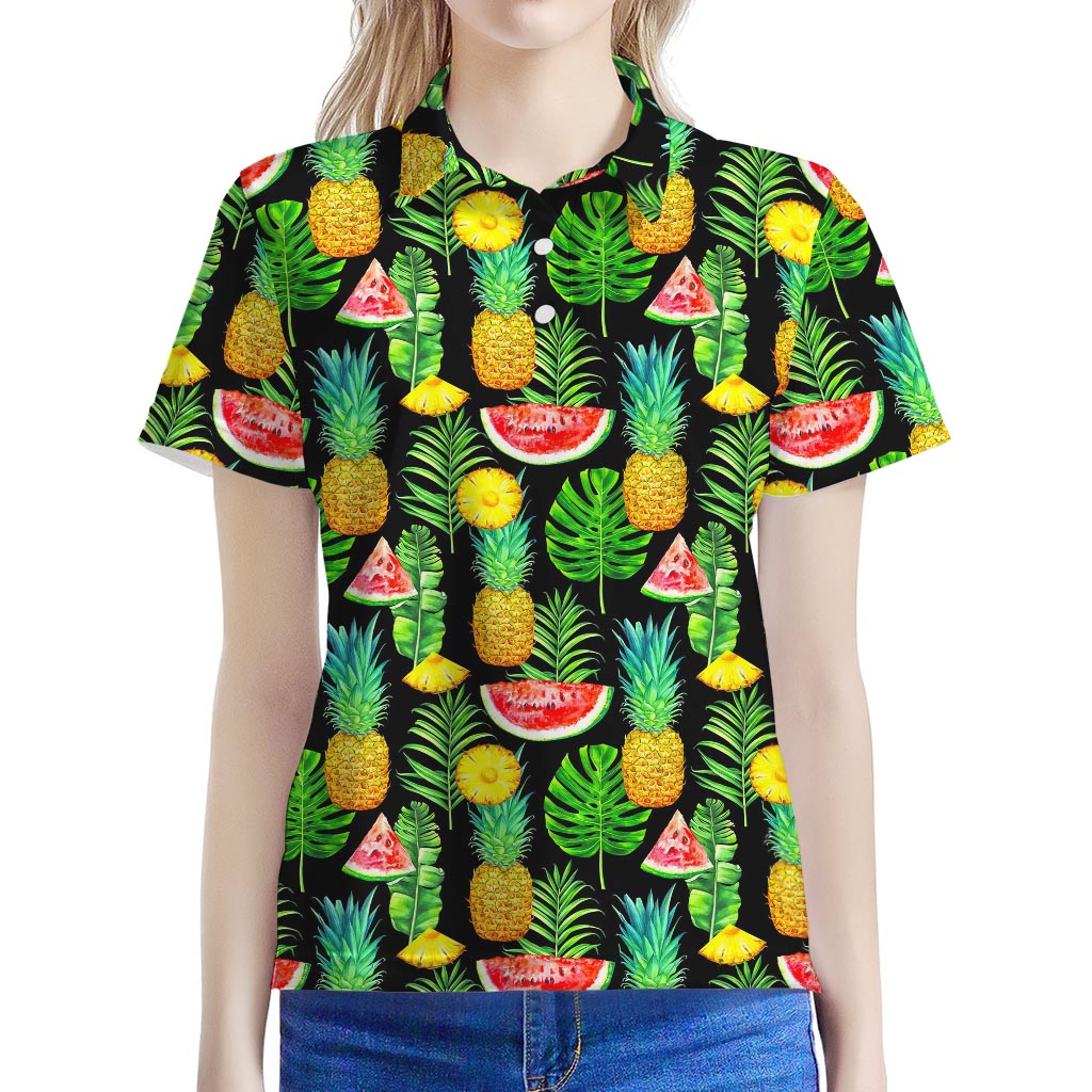 Black Tropical Pineapple Pattern Print Women's Polo Shirt