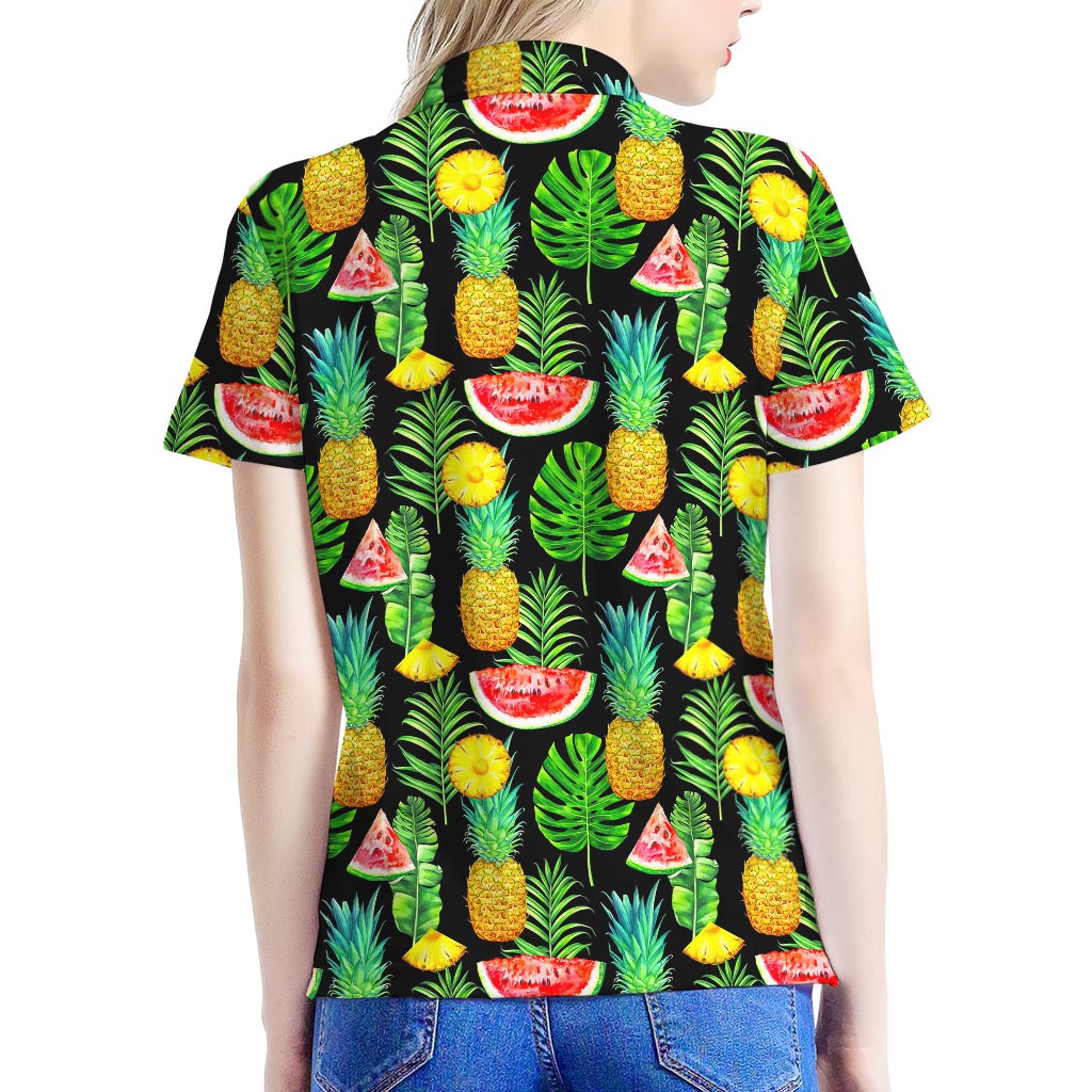 Black Tropical Pineapple Pattern Print Women's Polo Shirt