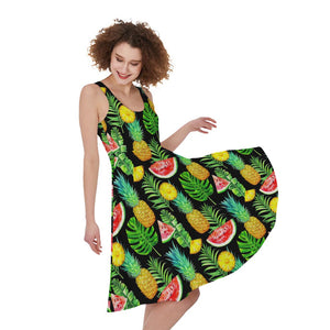 Black Tropical Pineapple Pattern Print Women's Sleeveless Dress