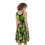 Black Tropical Pineapple Pattern Print Women's Sleeveless Dress