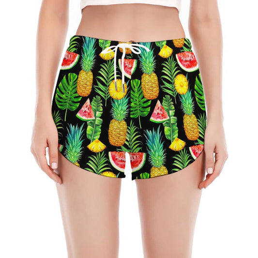 Black Tropical Pineapple Pattern Print Women's Split Running Shorts