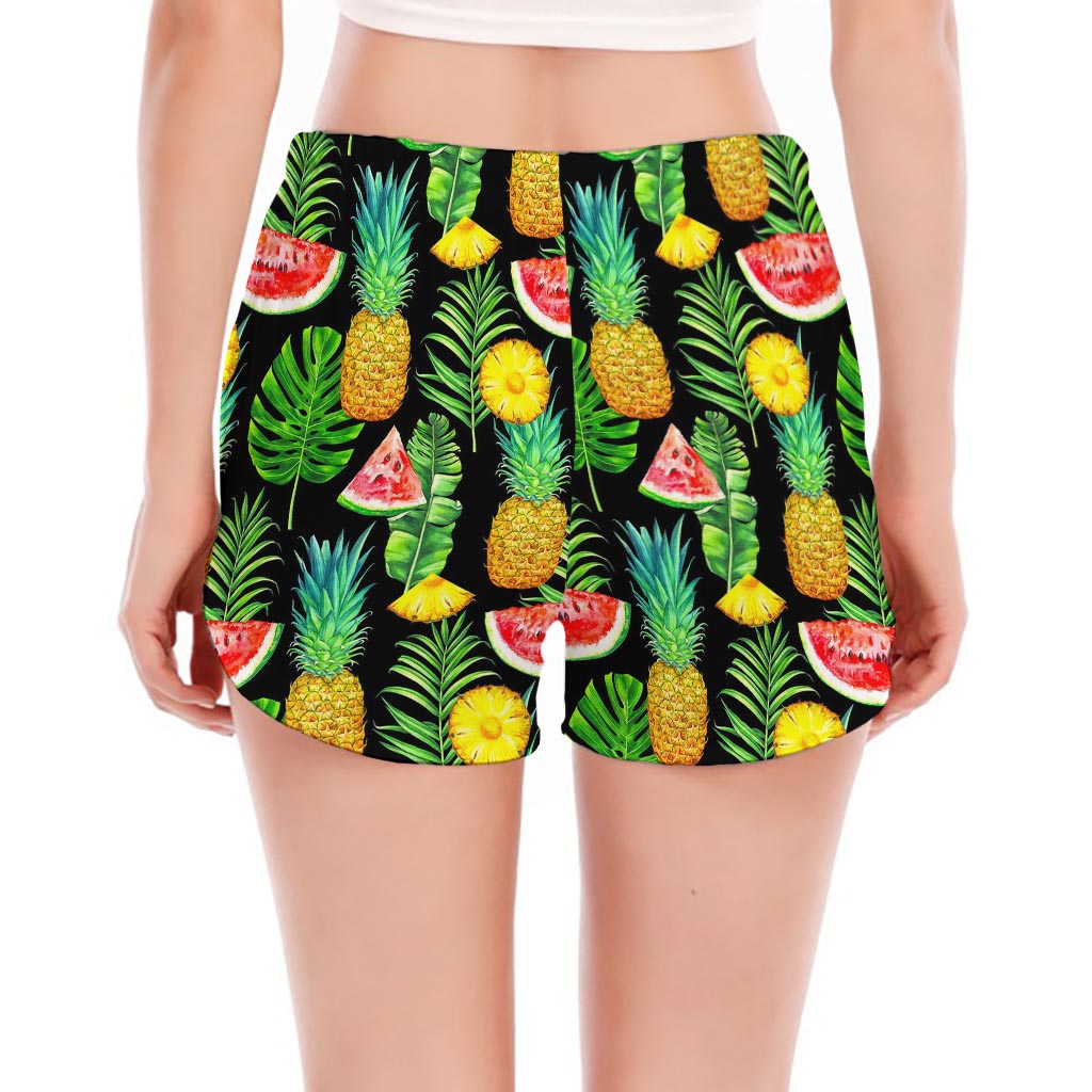 Black Tropical Pineapple Pattern Print Women's Split Running Shorts