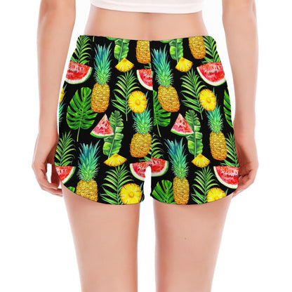Black Tropical Pineapple Pattern Print Women's Split Running Shorts