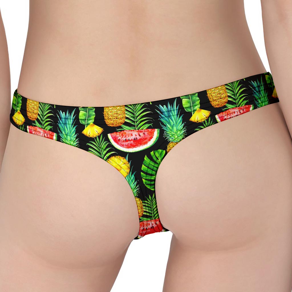 Black Tropical Pineapple Pattern Print Women's Thong