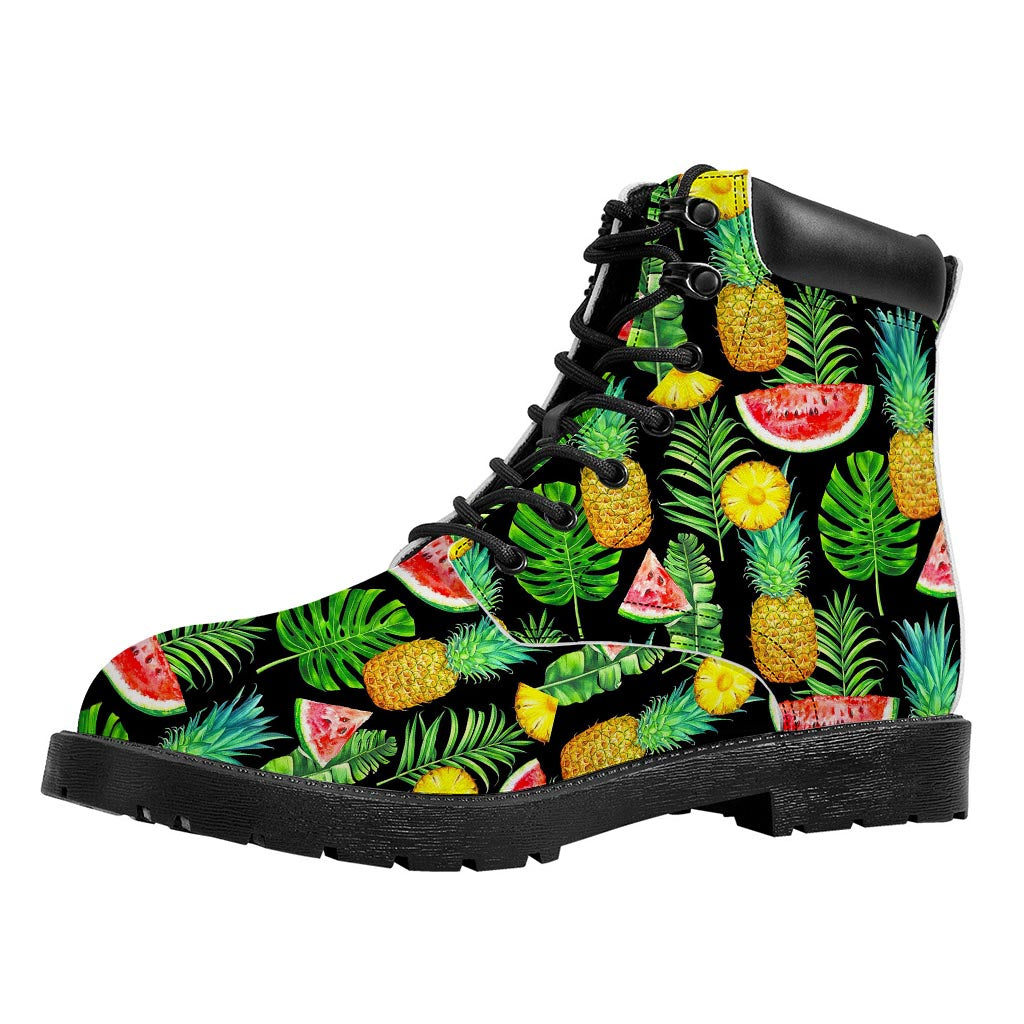 Black Tropical Pineapple Pattern Print Work Boots