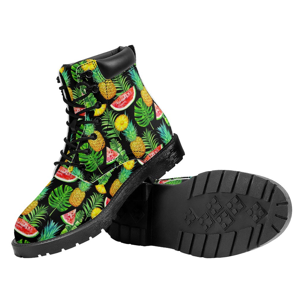 Black Tropical Pineapple Pattern Print Work Boots