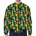 Black Tropical Pineapple Pattern Print Zip Sleeve Bomber Jacket