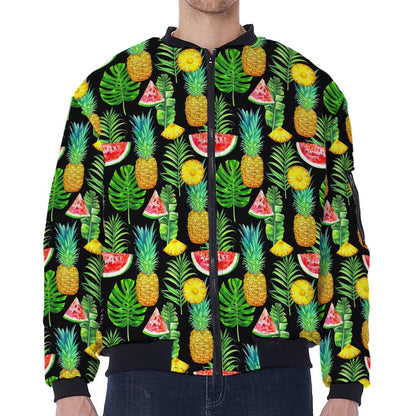 Black Tropical Pineapple Pattern Print Zip Sleeve Bomber Jacket
