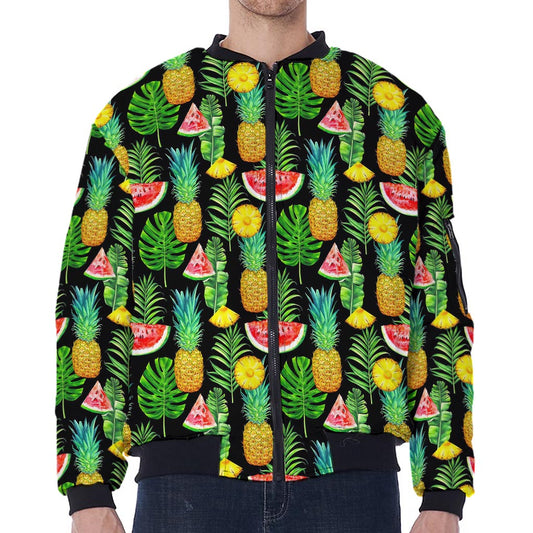 Black Tropical Pineapple Pattern Print Zip Sleeve Bomber Jacket