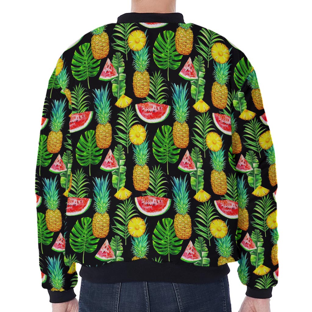 Black Tropical Pineapple Pattern Print Zip Sleeve Bomber Jacket