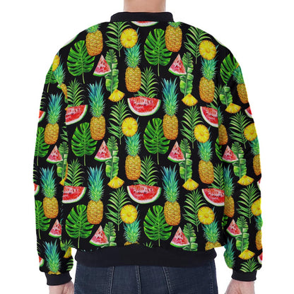 Black Tropical Pineapple Pattern Print Zip Sleeve Bomber Jacket