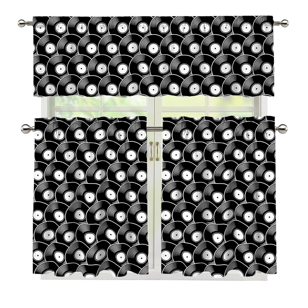 Black Vinyl Record Pattern Print 3 Piece Kitchen Curtains