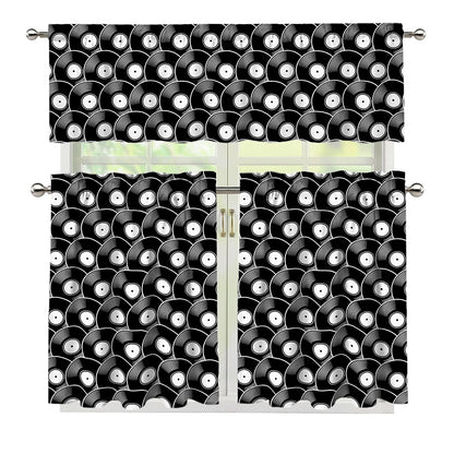 Black Vinyl Record Pattern Print 3 Piece Kitchen Curtains