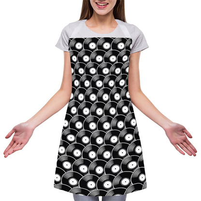 Black Vinyl Record Pattern Print Adjustable Apron