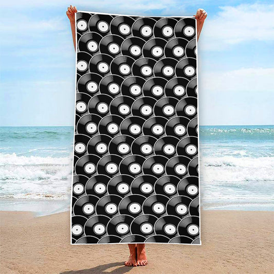 Black Vinyl Record Pattern Print Beach Towel