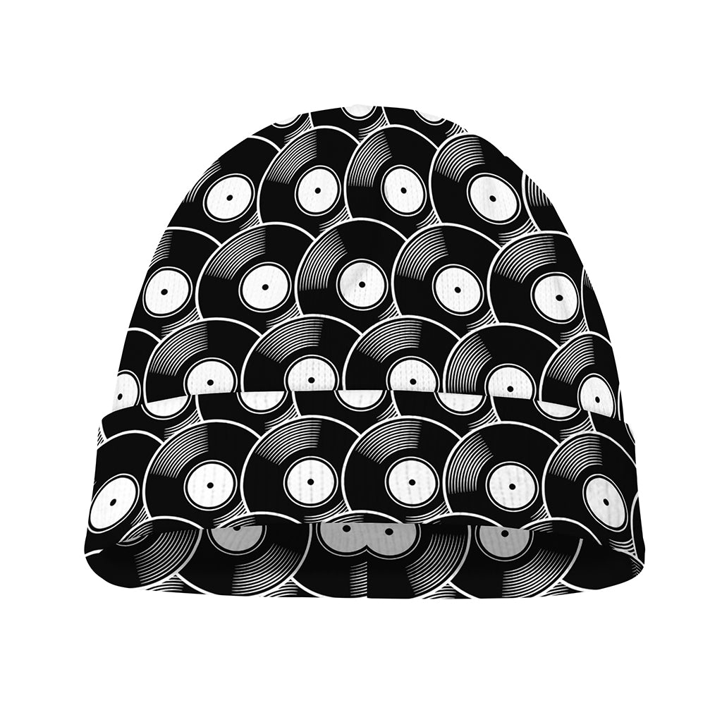 Black Vinyl Record Pattern Print Beanie