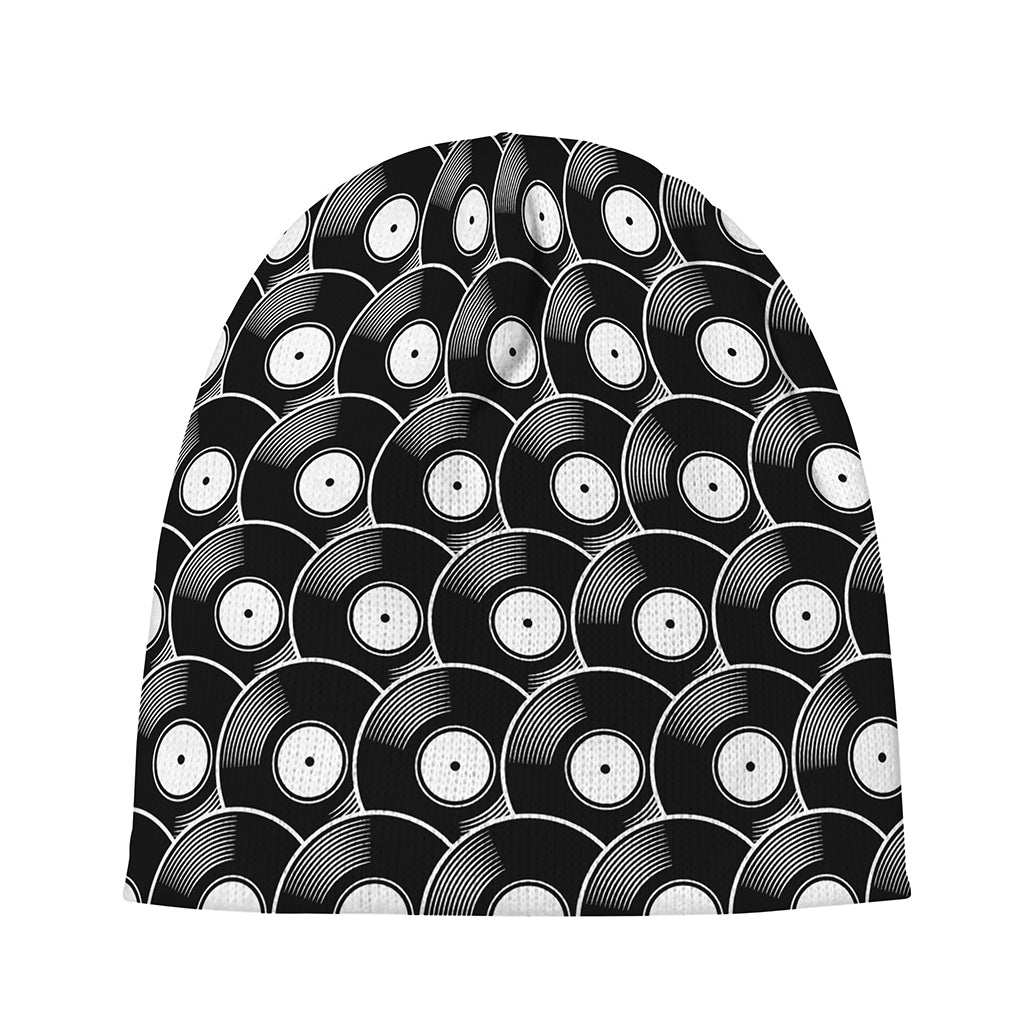 Black Vinyl Record Pattern Print Beanie