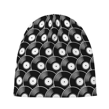 Black Vinyl Record Pattern Print Beanie