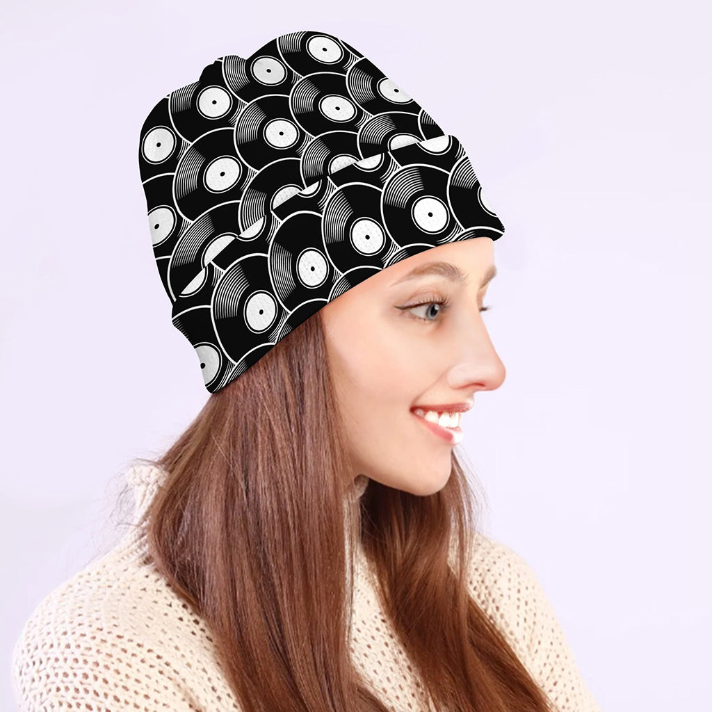 Black Vinyl Record Pattern Print Beanie