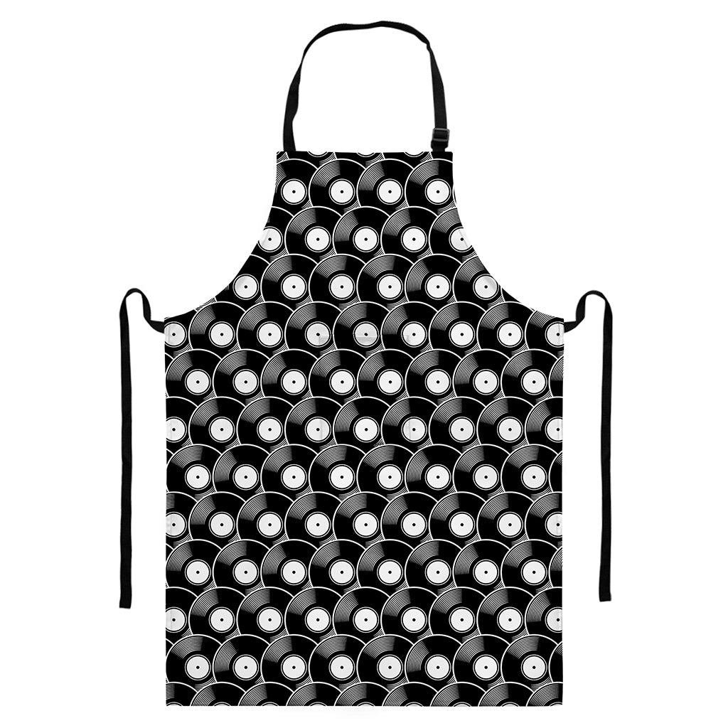 Black Vinyl Record Pattern Print Bib Apron With Pocket