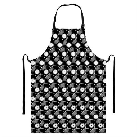 Black Vinyl Record Pattern Print Bib Apron With Pocket