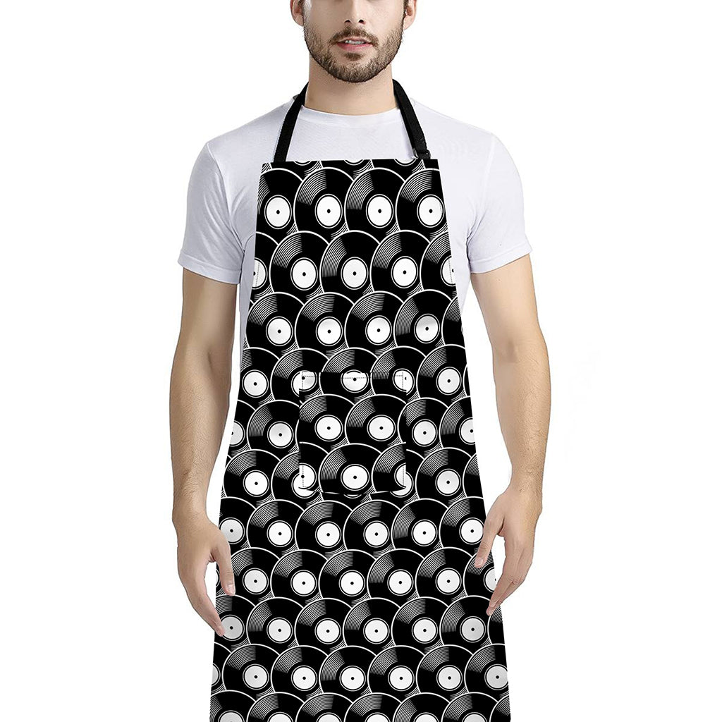 Black Vinyl Record Pattern Print Bib Apron With Pocket