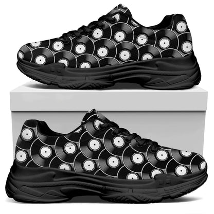 Black Vinyl Record Pattern Print Black Chunky Shoes