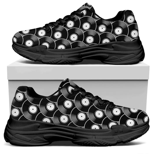Black Vinyl Record Pattern Print Black Chunky Shoes