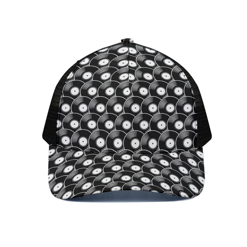 Black Vinyl Record Pattern Print Black Mesh Trucker Cap