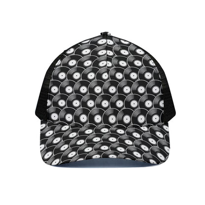 Black Vinyl Record Pattern Print Black Mesh Trucker Cap