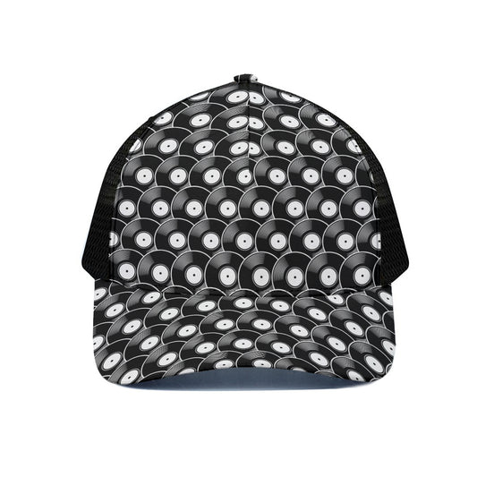 Black Vinyl Record Pattern Print Black Mesh Trucker Cap