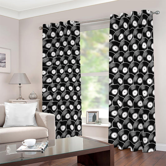 Black Vinyl Record Pattern Print Blackout Grommet Curtains