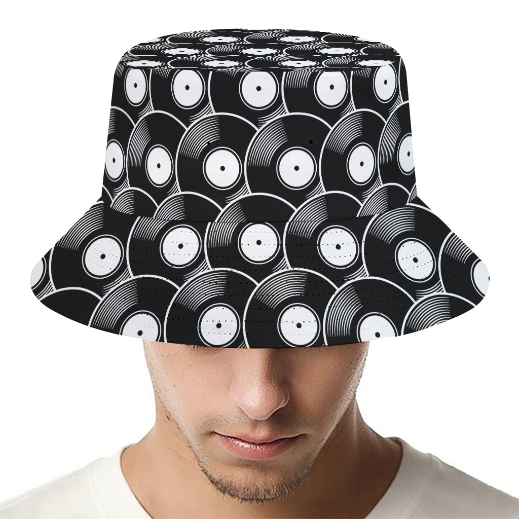 Black Vinyl Record Pattern Print Bucket Hat
