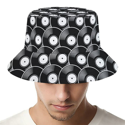 Black Vinyl Record Pattern Print Bucket Hat