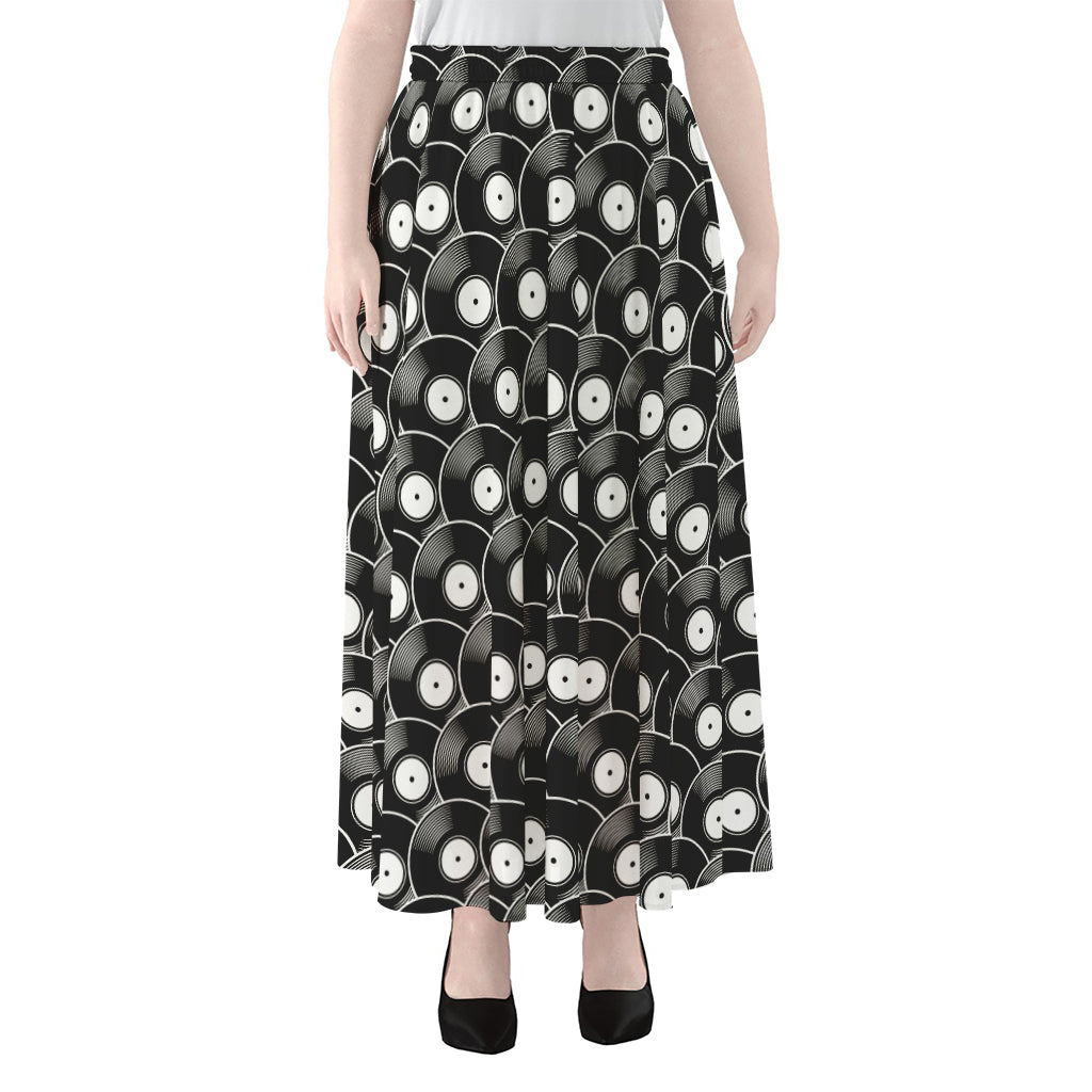 Black Vinyl Record Pattern Print Chiffon Maxi Skirt