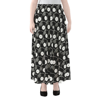 Black Vinyl Record Pattern Print Chiffon Maxi Skirt