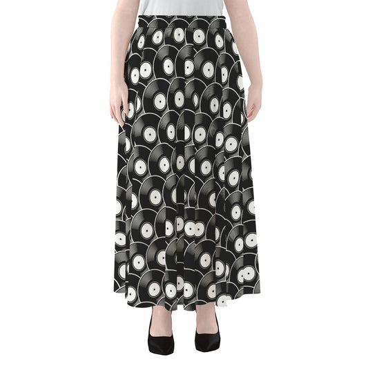 Black Vinyl Record Pattern Print Chiffon Maxi Skirt