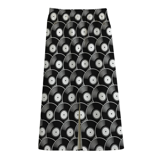 Black Vinyl Record Pattern Print Cotton Front Slit Maxi Skirt