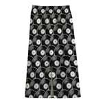 Black Vinyl Record Pattern Print Cotton Front Slit Maxi Skirt