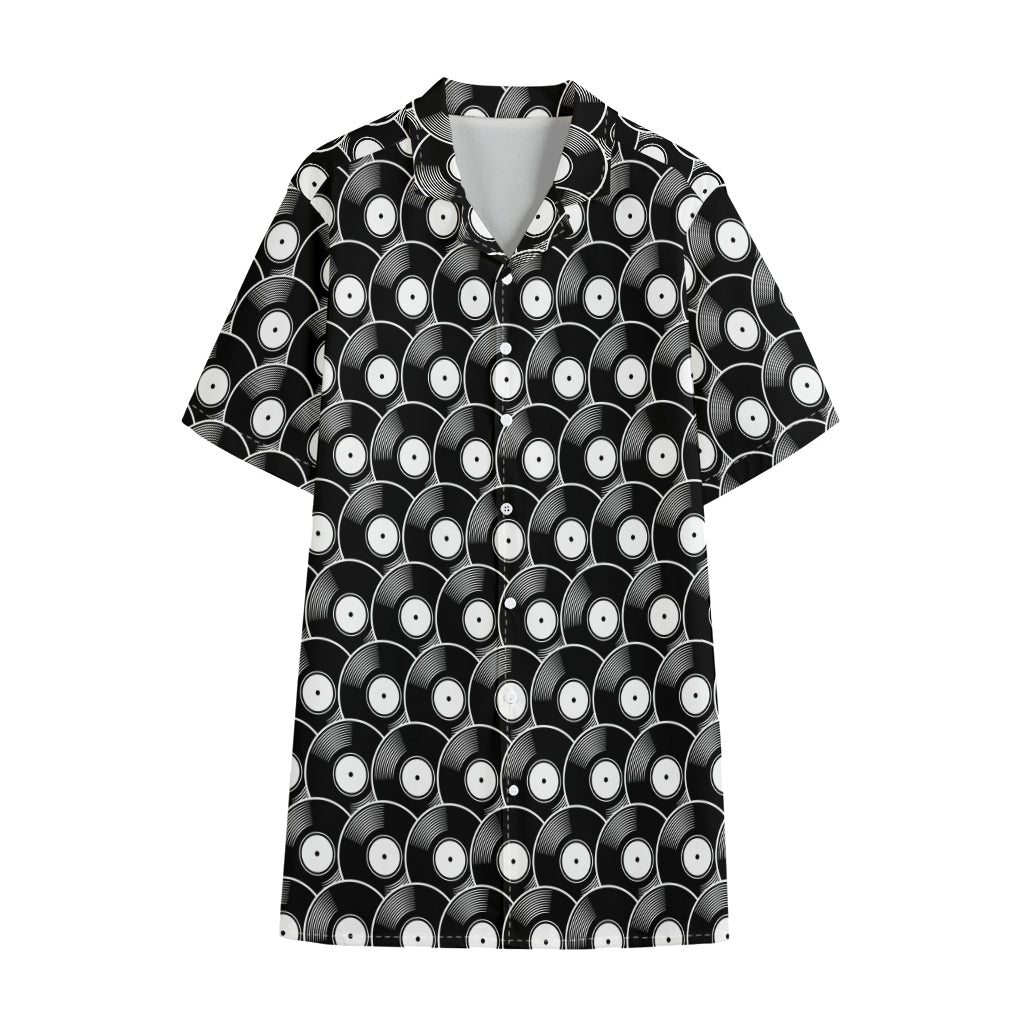 Black Vinyl Record Pattern Print Cotton Hawaiian Shirt