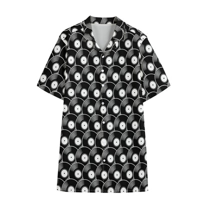 Black Vinyl Record Pattern Print Cotton Hawaiian Shirt