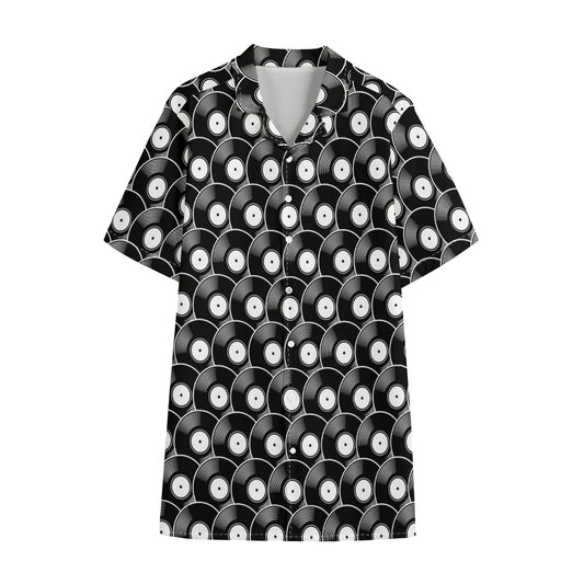 Black Vinyl Record Pattern Print Cotton Hawaiian Shirt