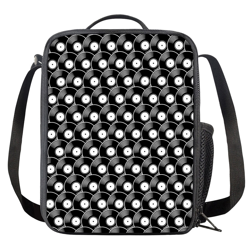 Black Vinyl Record Pattern Print Crossbody Lunch Bag