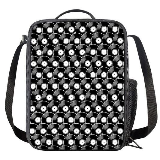 Black Vinyl Record Pattern Print Crossbody Lunch Bag