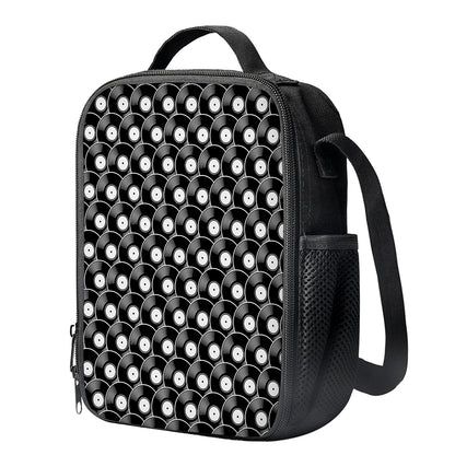 Black Vinyl Record Pattern Print Crossbody Lunch Bag