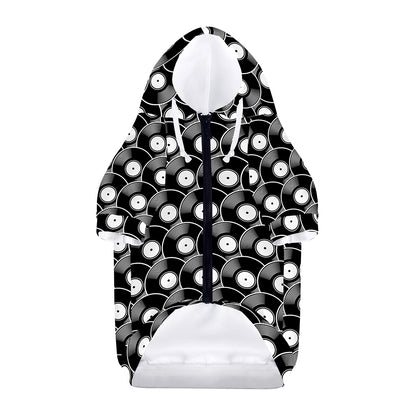 Black Vinyl Record Pattern Print Dog Zip Up Hoodie