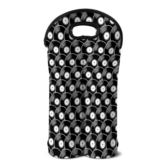 Black Vinyl Record Pattern Print Double Neoprene Wine Tote