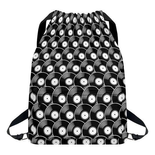 Black Vinyl Record Pattern Print Drawstring Backpack