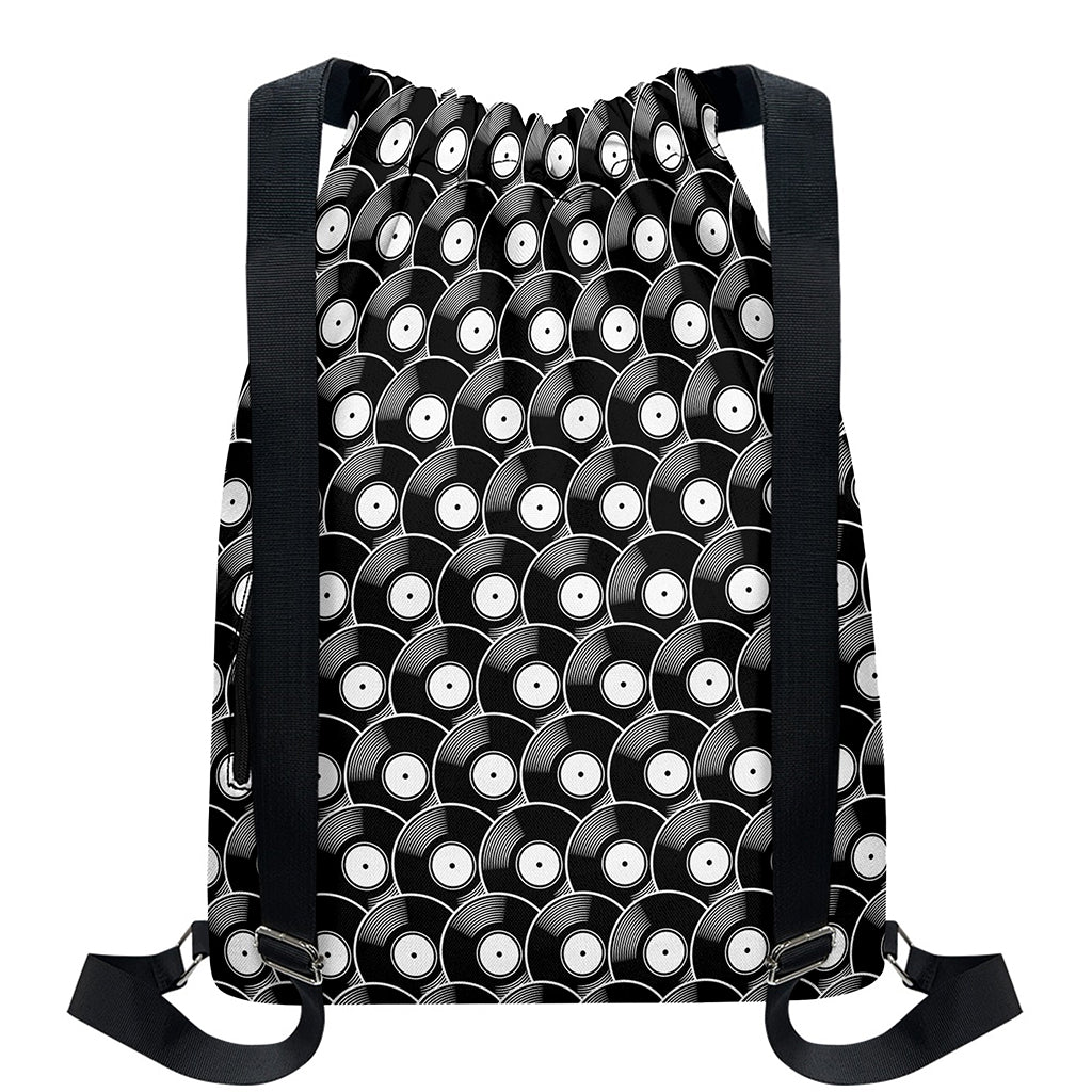 Black Vinyl Record Pattern Print Drawstring Backpack